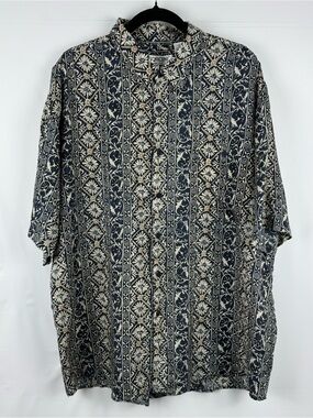 Vintage Navy and Cream Floral Hawaiian Silk Button-Up Shirt
